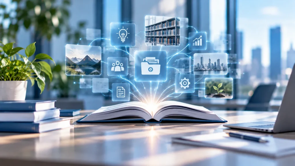 Livre ouvert projetant un réseau numérique de documents et de connaissances, symbolisant la mémoire organisationnelle et la transmission des savoirs en entreprise