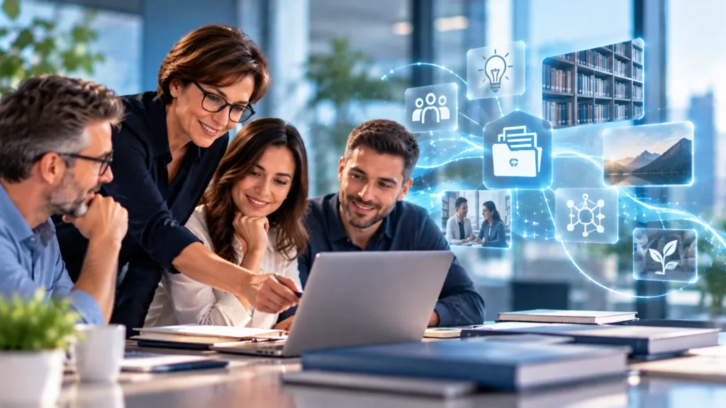Équipe de professionnels partageant leurs connaissances autour d'un outil numérique pour préserver et transmettre les savoirs de l'entreprise
