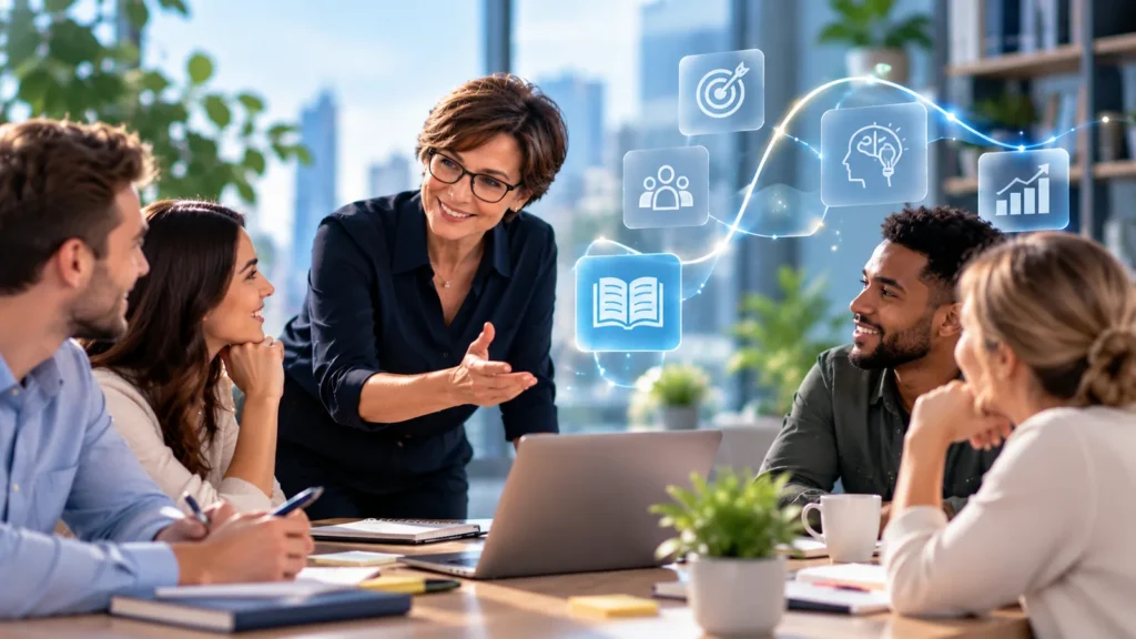 Équipe de professionnels participant à un atelier collaboratif favorisant un apprentissage stimulant, le partage des connaissances et le développement des compétences
