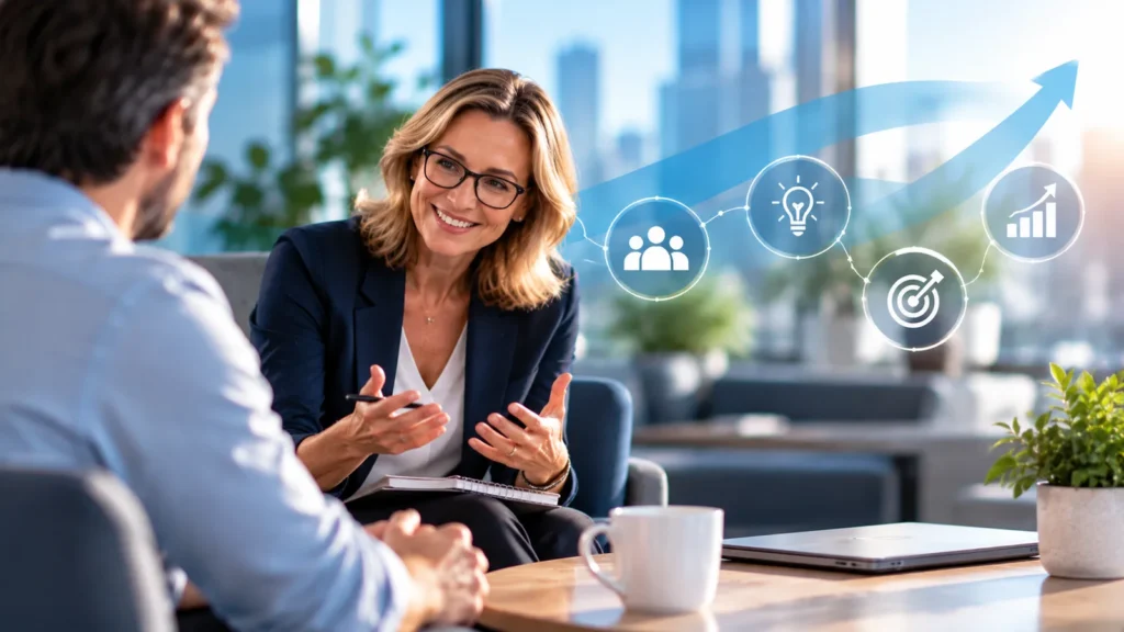 Coach professionnelle accompagnant un gestionnaire dans sa réflexion et le développement de son leadership