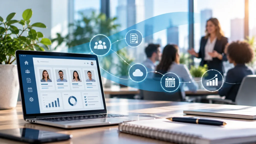 Outils numériques de gestion RH et équipe en collaboration, illustrant une digitalisation au service des employés et de la performance organisationnelle.