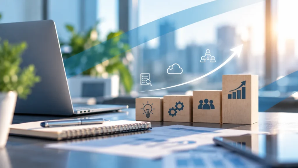 Blocs illustrant les étapes de la transformation numérique d'une PME, de l'innovation à la croissance, dans un environnement de travail moderne