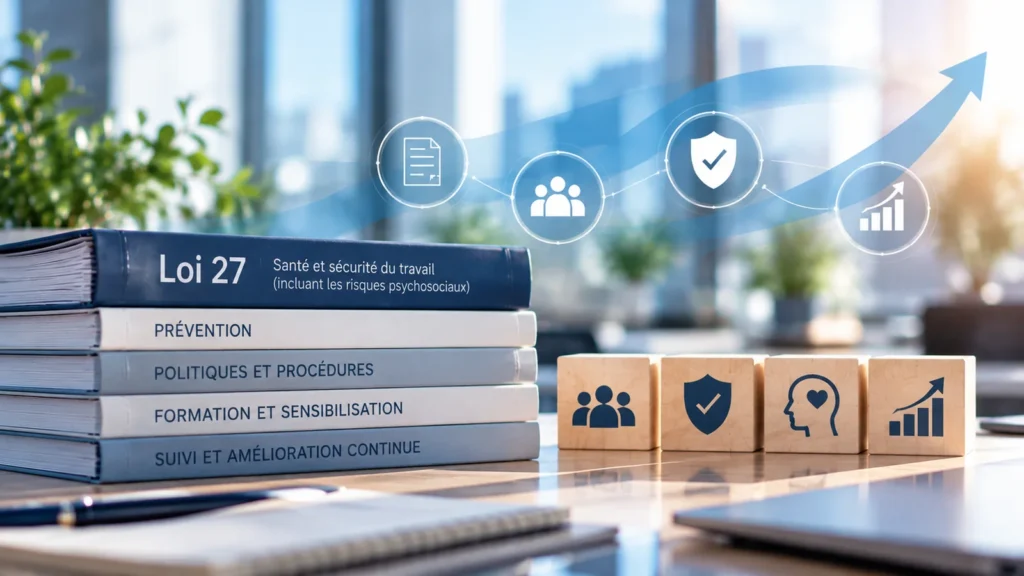 Documents de prévention en milieu de travail illustrant la conformité, la protection des employés et la performance organisationnelle