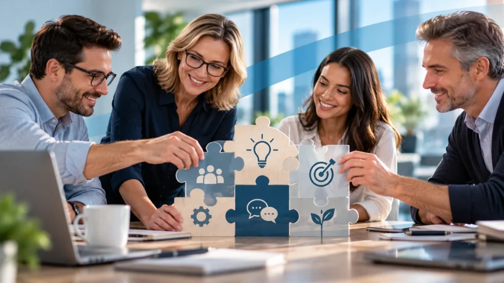 Équipe de professionnels assemblant un puzzle illustrant la complémentarité des personnalités, des talents et des compétences au travail