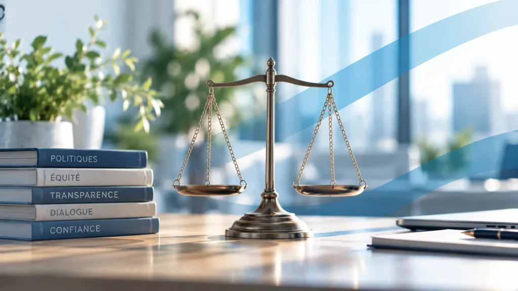 Balance de justice symbolisant l'équité, la transparence et la confiance dans les décisions organisationnelles