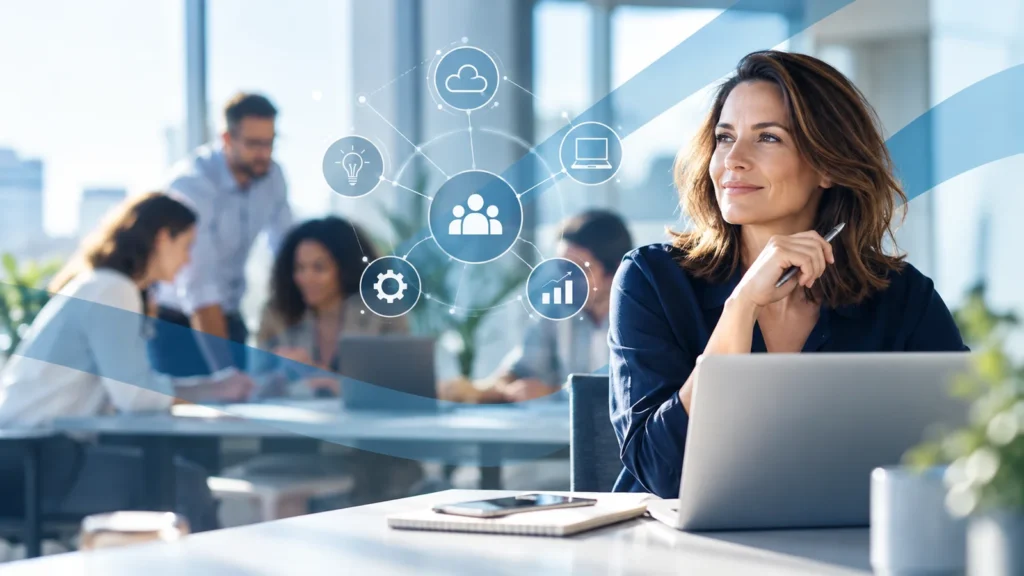 Professionnelle RH dans un environnement de travail numérique, avec une équipe en collaboration.