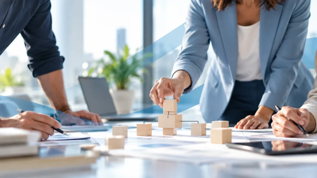 Équipe de gestion travaillant à la réorganisation des rôles et des responsabilités d'une entreprise.